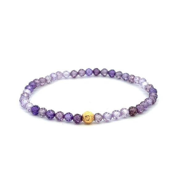 18K Gold Bead Charm Stretchable Bracelet Purple Faceted Zircon Gemstones - Picture 1 of 11